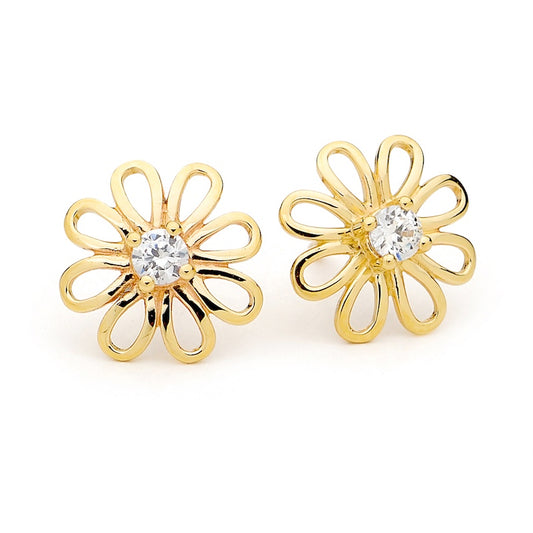 Gold Stud Flower Earrings with Zirconia
