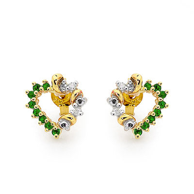 Emerald and Diamond Heart Ear Studs