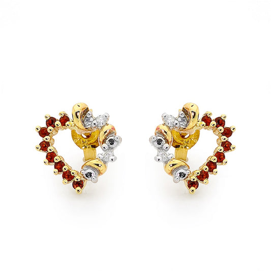 Garnet and Diamond Heart Stud Earrings