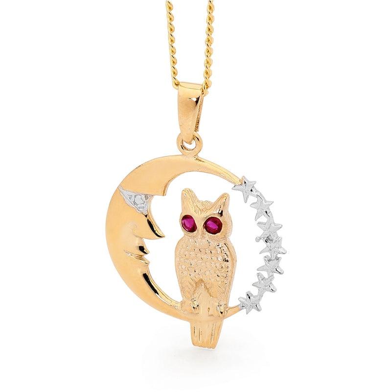 Owl and Moon Pendant with Ruby