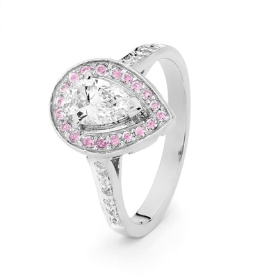 Teardrop CZ Engagement Ring in White with Pink Halo