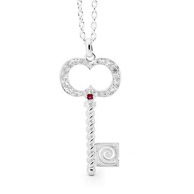 Silver Key Pendant with Zirconia and Ruby "Heart Opener"